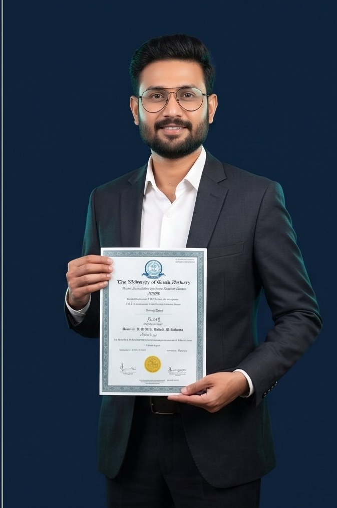 Dr. Neel holding his MBBS certificate at university